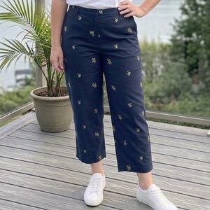 Kim Rogers Navy Palm Tree Embroidered Crop Pants Size 14 EUC Stretchy Waistband
